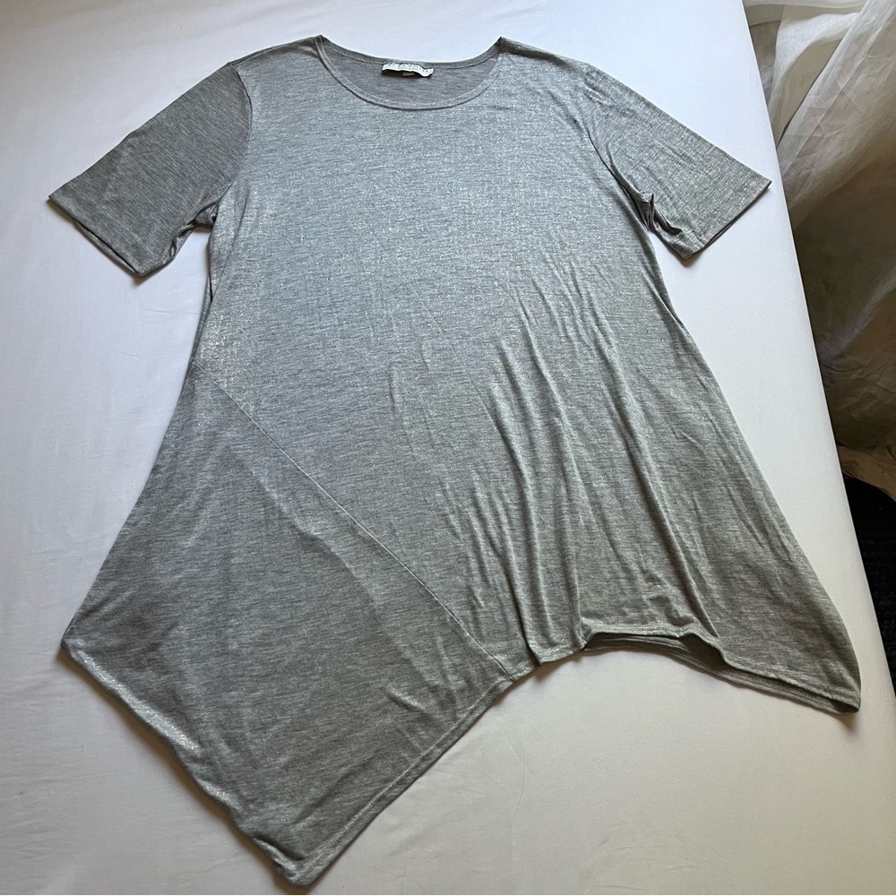 Bryn Walker heather glitter grey short sleeve shark bite draped knit T-shirt
